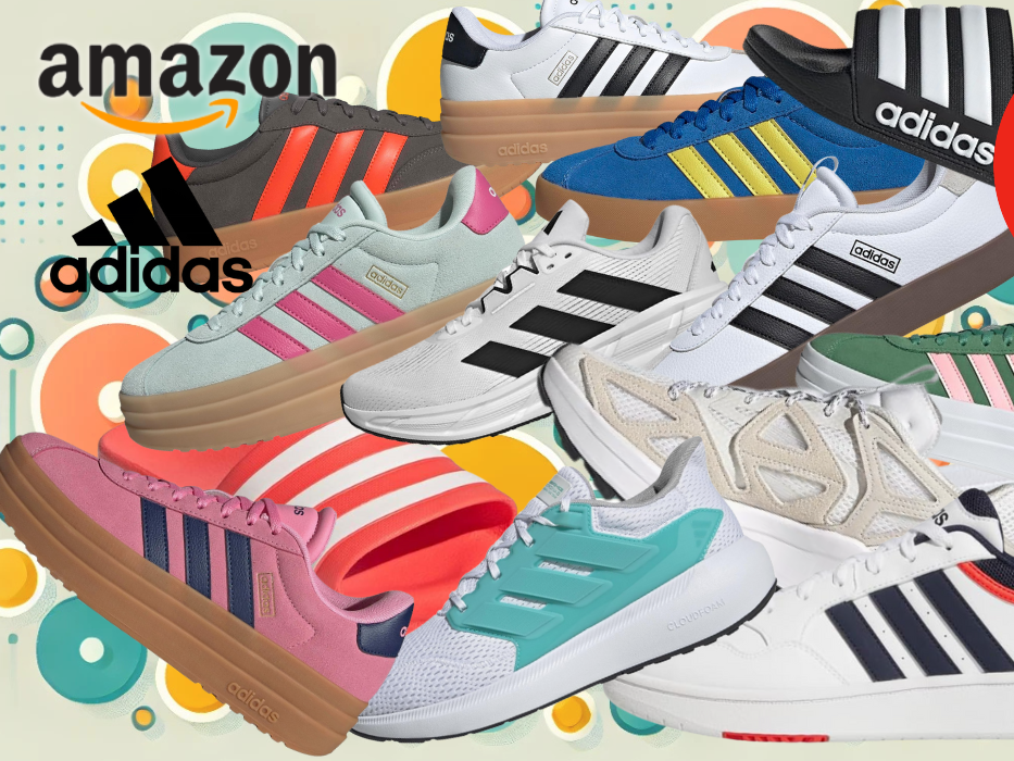 Auf einem verspielten, bunten Hintergrund sind einige adidas Schuhe abgebildet