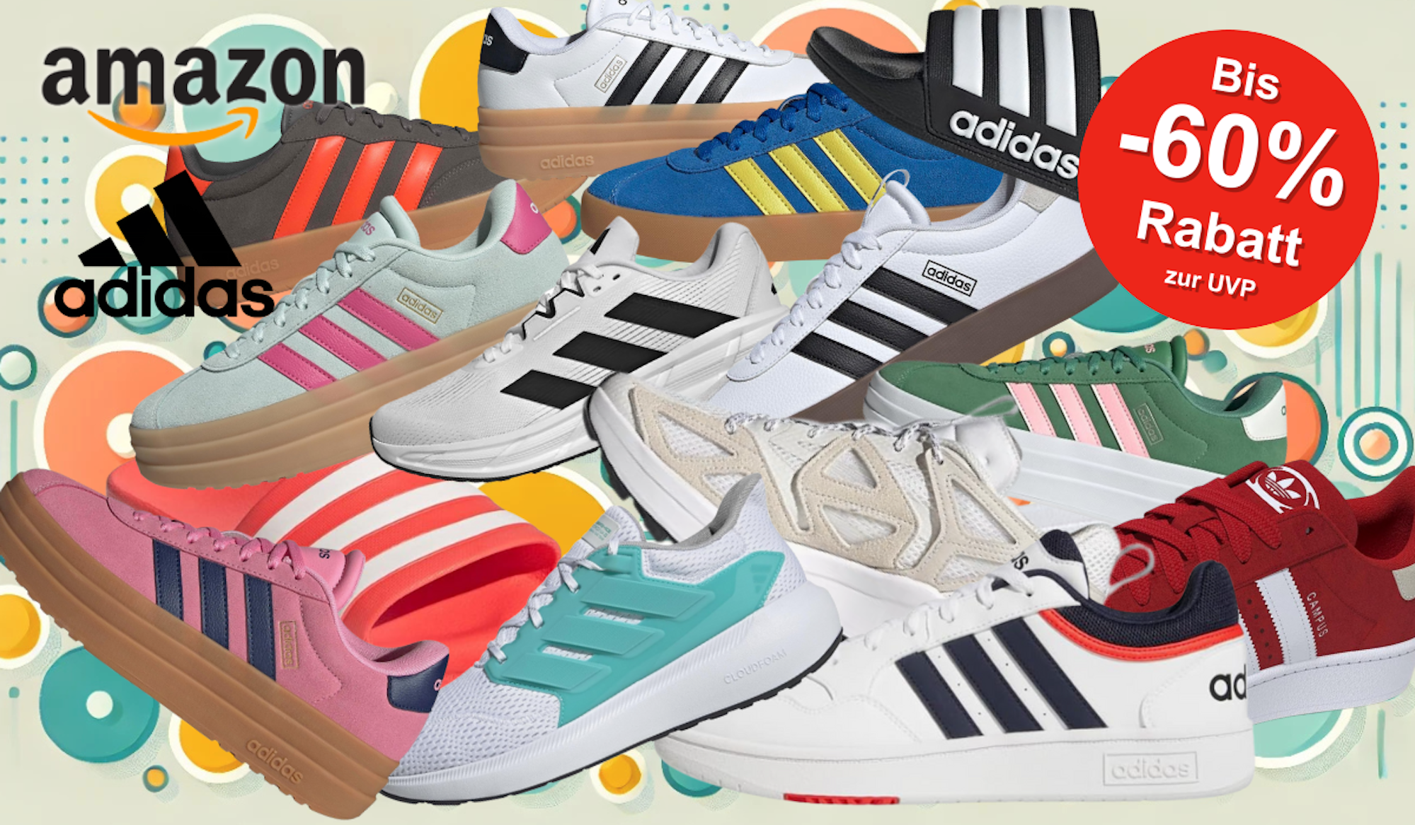 Auf einem verspielten, bunten Hintergrund sind einige adidas Schuhe abgebildet