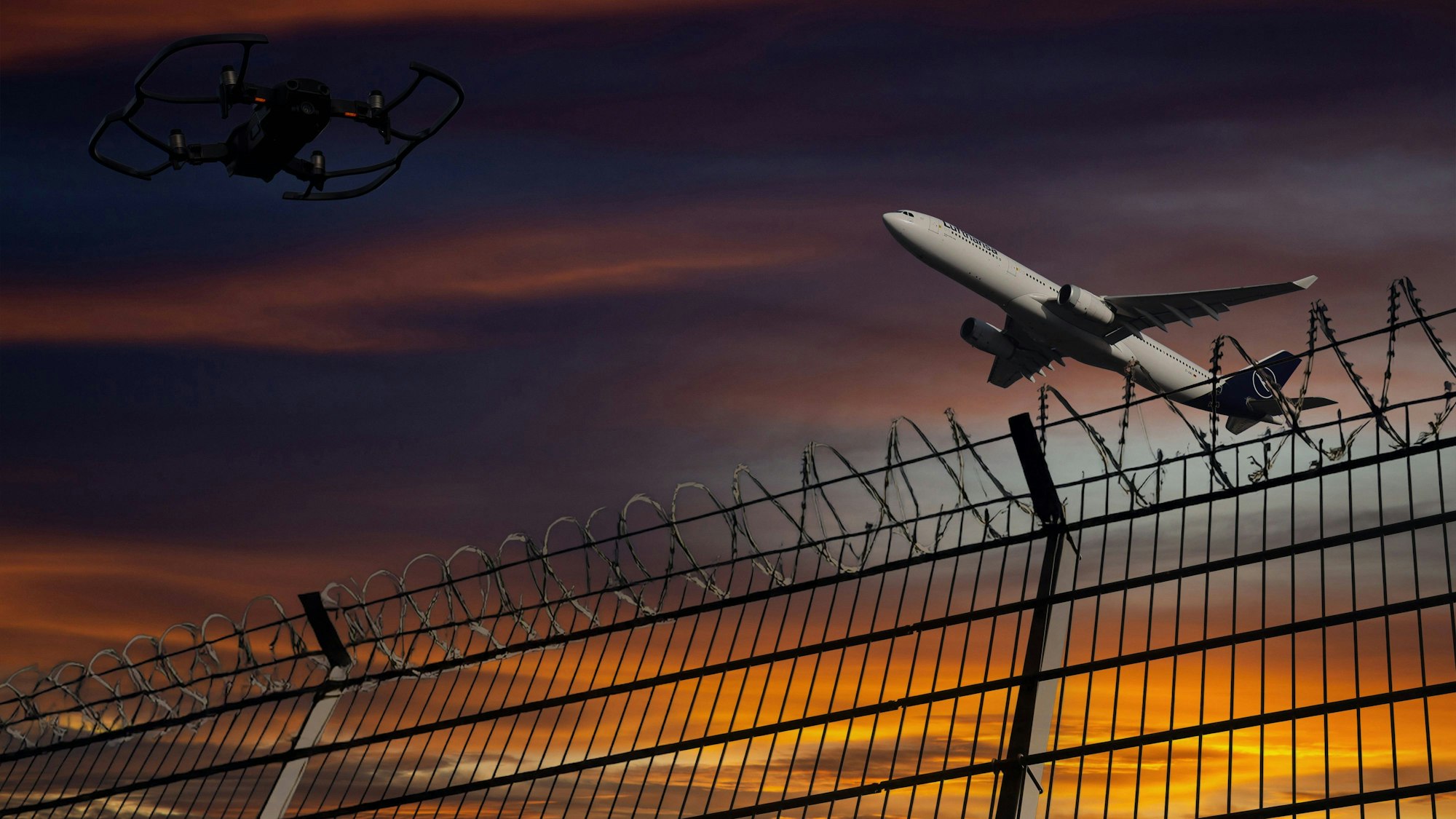 (Fotomontage) Drohne und startendes Lufthansa-Flugzeug am Abendhimmel *** Photomontage drone and Lufthansa aircraft taking off in the evening sky Copyright: xUdoxHerrmannx