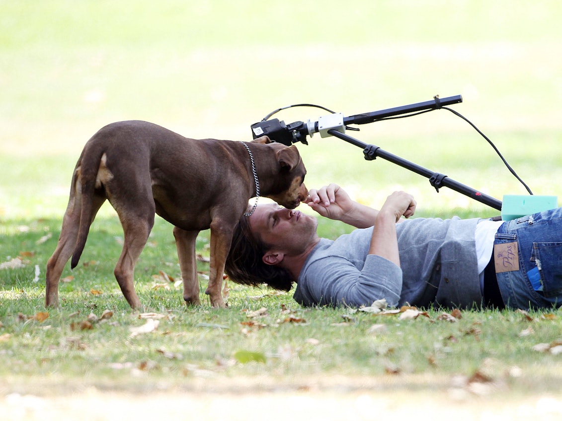 Tom Brady mit Hündin Lua auf einer Wiese.