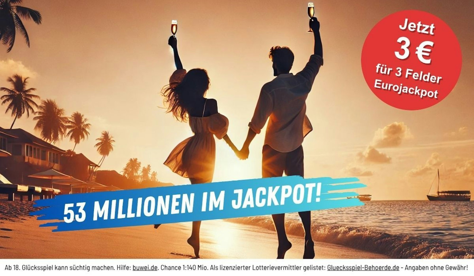 Ein Paar freut sich am Strand in der Abenddämmerung. Schriftzug 53 Millionen im Eurojackpot.