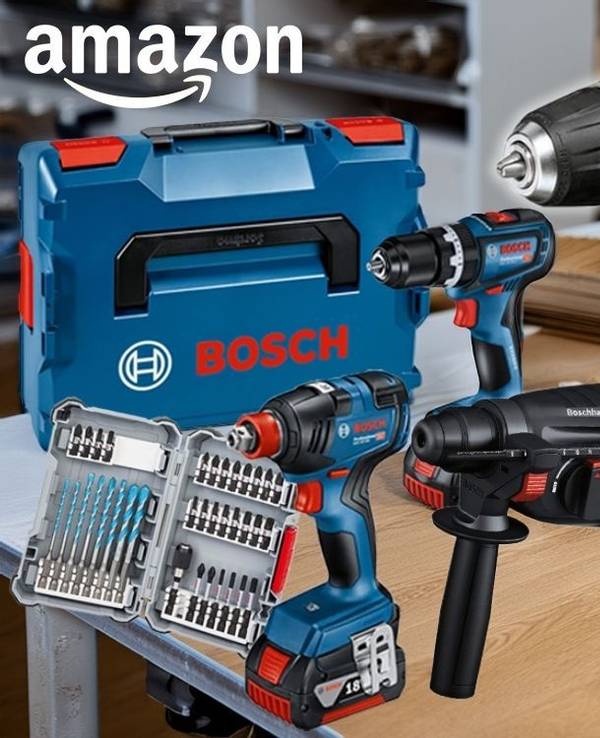 Akku-Bohrschrauber Bosch Professional GSR 12V-15 und andere Bosch Elektrowerkzeuge vor einer Werkstattbank im Hintergrund.
