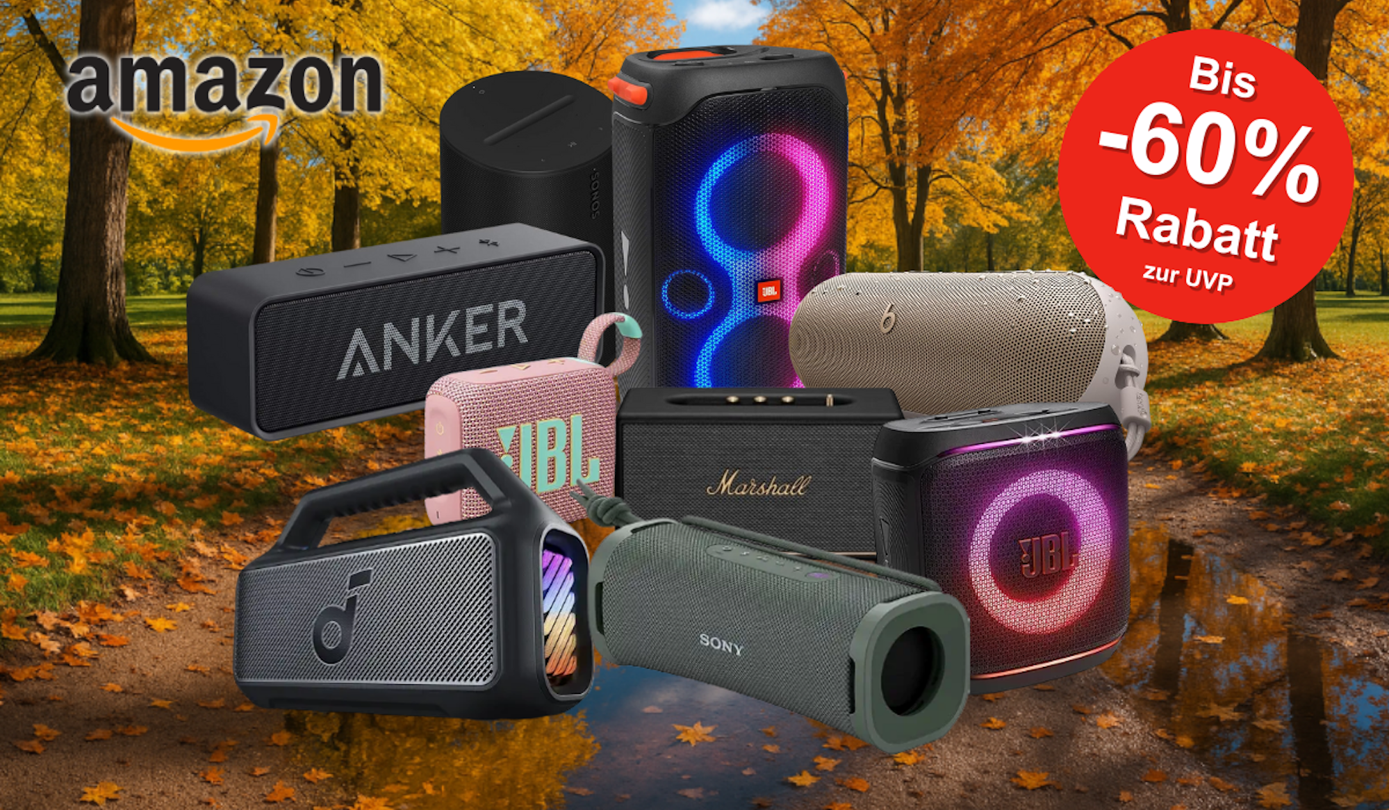 Auf dem Bild sind ganz viele unterschiedliche Bluetooth Musikboxen zu sehen.