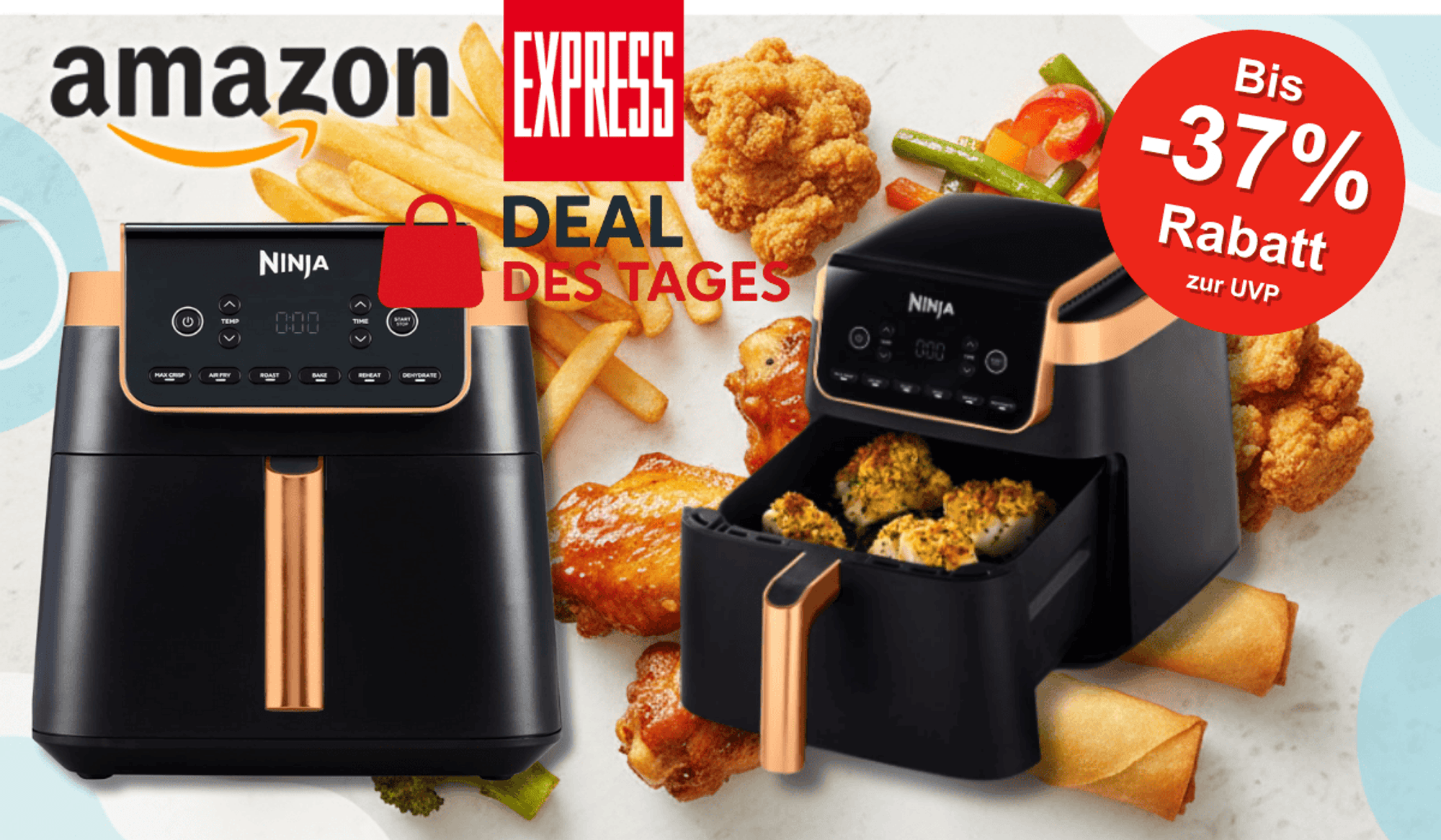 Die Ninja Heißluftfritteuse MAX PRO im eleganten Schwarz/Kupfer-Design: 6,2 L Fassungsvermögen und bis zu 75 % weniger Fett beim Garen.