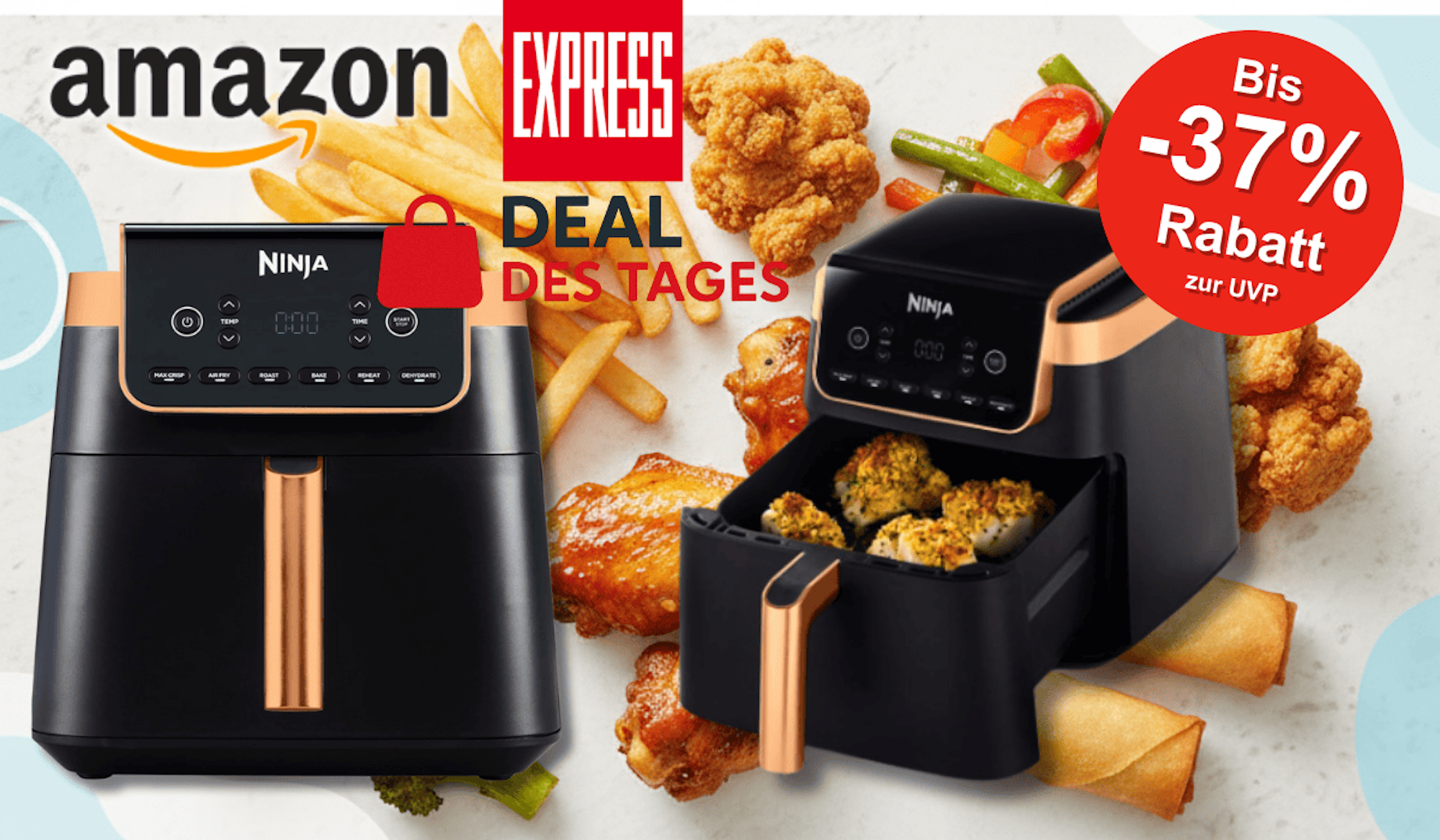 Die Ninja Heißluftfritteuse MAX PRO im eleganten Schwarz/Kupfer-Design: 6,2 L Fassungsvermögen und bis zu 75 % weniger Fett beim Garen.