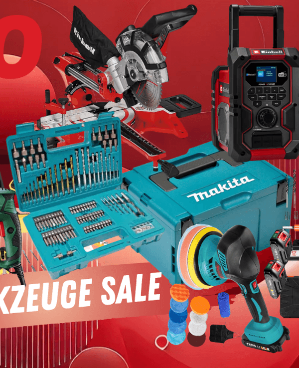 Elektrowerkzeug und Zubehör von Bosch, Makita, Einhell, DeWalt und mehr vor einem roten Hintergrund mit OTTO Logo.
