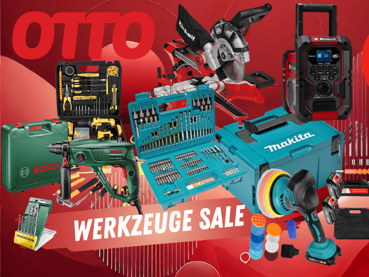 Elektrowerkzeug und Zubehör von Bosch, Makita, Einhell, DeWalt und mehr vor einem roten Hintergrund mit OTTO Logo.