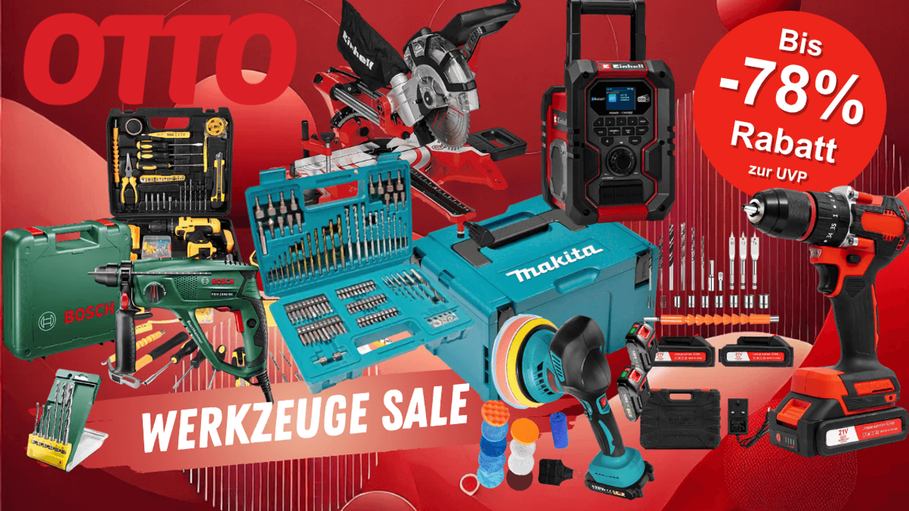 Elektrowerkzeug und Zubehör von Bosch, Makita, Einhell, DeWalt und mehr vor einem roten Hintergrund mit OTTO Logo.