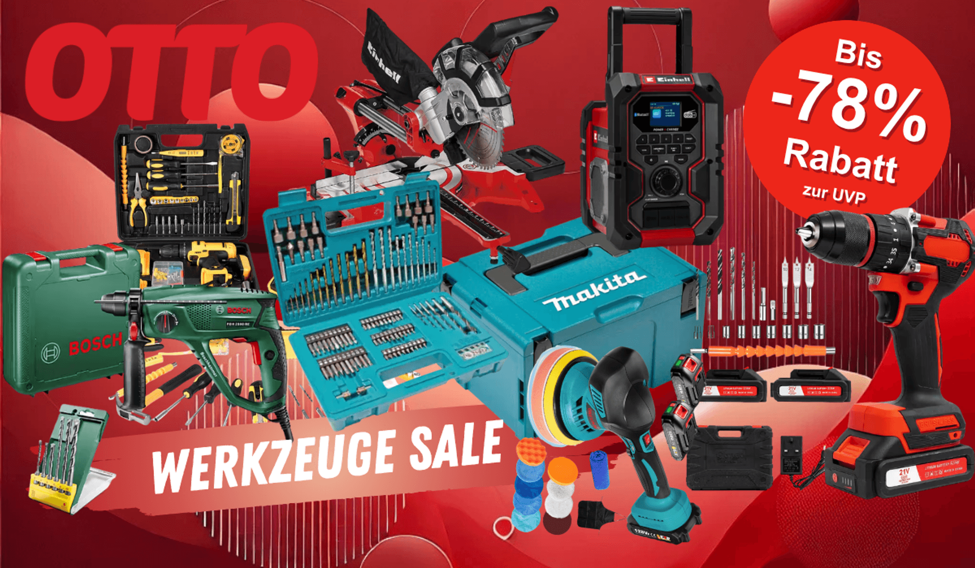 Elektrowerkzeug und Zubehör von Bosch, Makita, Einhell, DeWalt und mehr vor einem roten Hintergrund mit OTTO Logo.