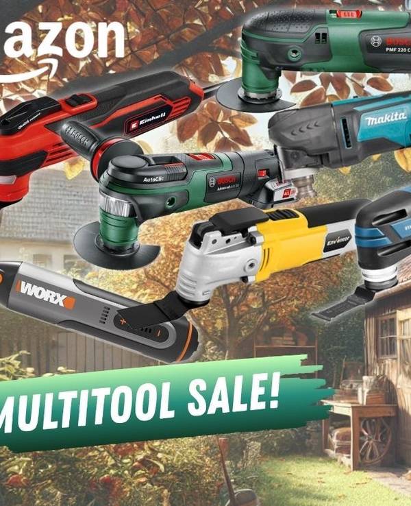 Multitools bzw. Multifunktionswerkzeuge verschiedener Marken wie Bosch Home and Garden, Bosch Professional, Makita, Einhell, Worx vor einem Garten im Herbst mit Gartenlaube.