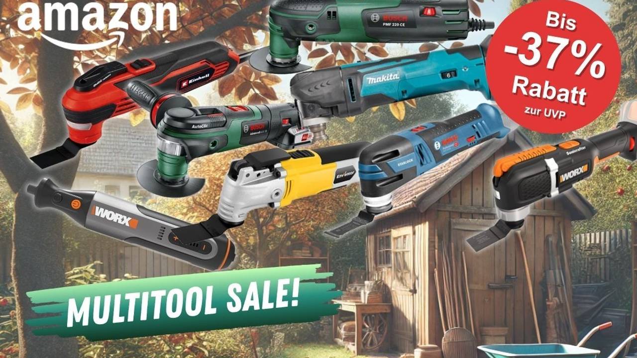 Multitools bzw. Multifunktionswerkzeuge verschiedener Marken wie Bosch Home and Garden, Bosch Professional, Makita, Einhell, Worx vor einem Garten im Herbst mit Gartenlaube.