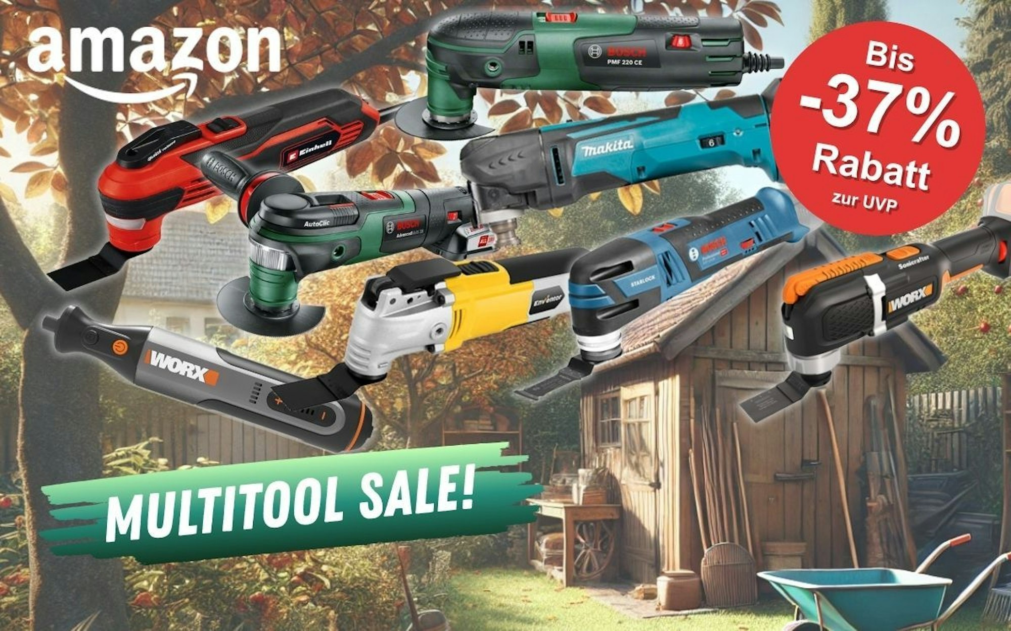 Multitools bzw. Multifunktionswerkzeuge verschiedener Marken wie Bosch Home and Garden, Bosch Professional, Makita, Einhell, Worx vor einem Garten im Herbst mit Gartenlaube.