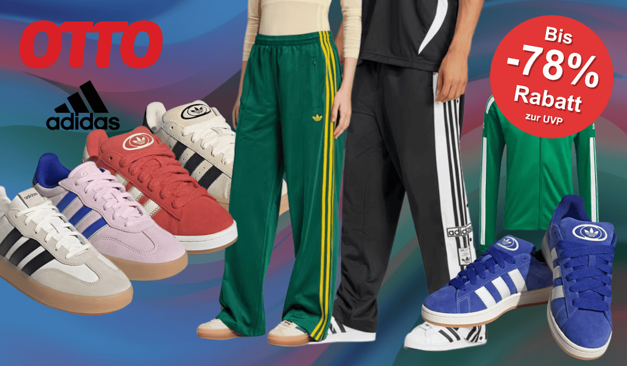 Auf dem Bild sind adidas Produkte zu sehen, die im Otto Onlineshop erhältlich sind.