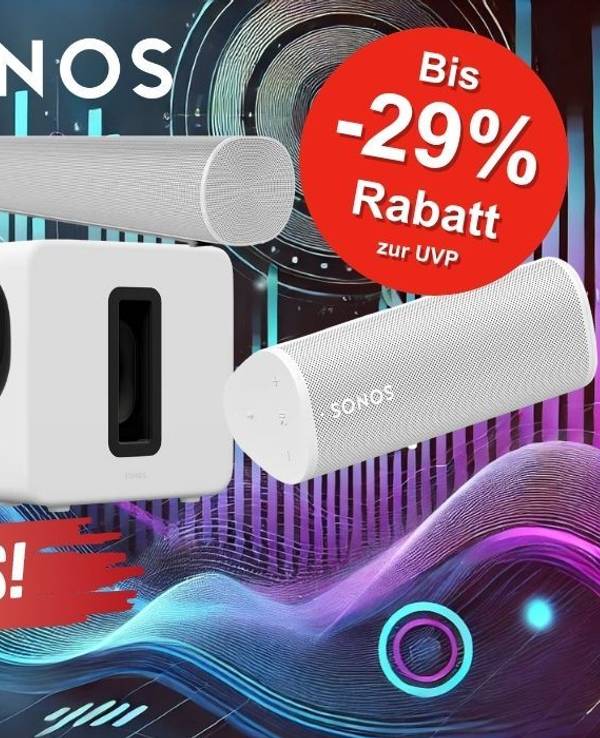 Sonos Lautsprecher, Soundbars und Kopfhörer wie Sonos Era 100, Sonos Ace, Sonos Ray All-in-One Soundbar vor abstraktem Hintergrund mit leuchtenden Neon-Farben.