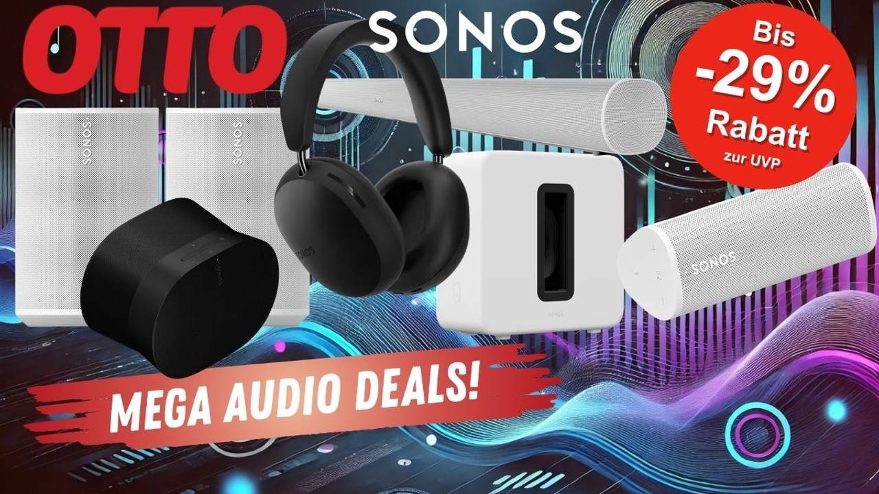 Sonos Lautsprecher, Soundbars und Kopfhörer wie Sonos Era 100, Sonos Ace, Sonos Ray All-in-One Soundbar vor abstraktem Hintergrund mit leuchtenden Neon-Farben.