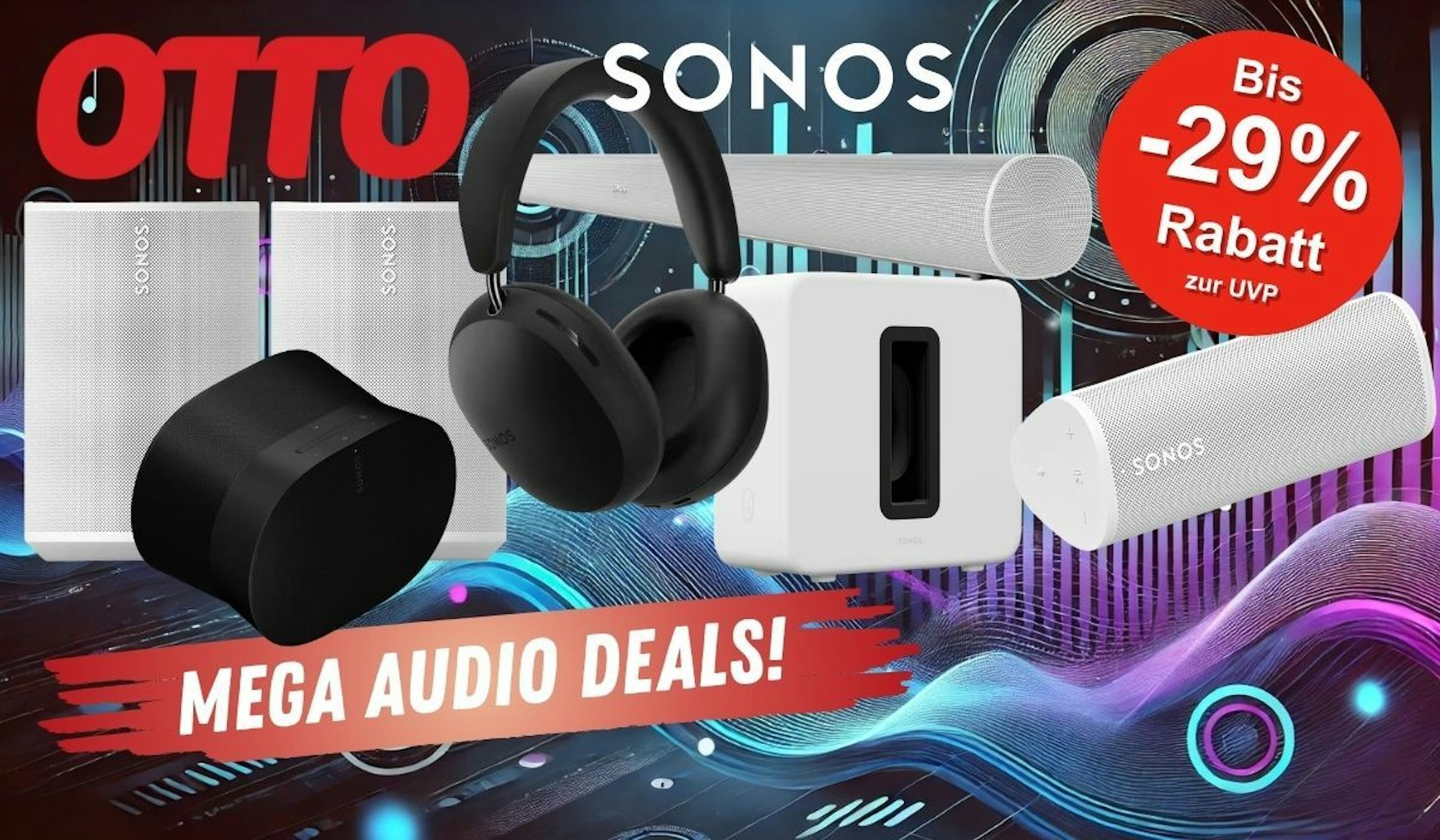 Sonos Lautsprecher, Soundbars und Kopfhörer wie Sonos Era 100, Sonos Ace, Sonos Ray All-in-One Soundbar vor abstraktem Hintergrund mit leuchtenden Neon-Farben.