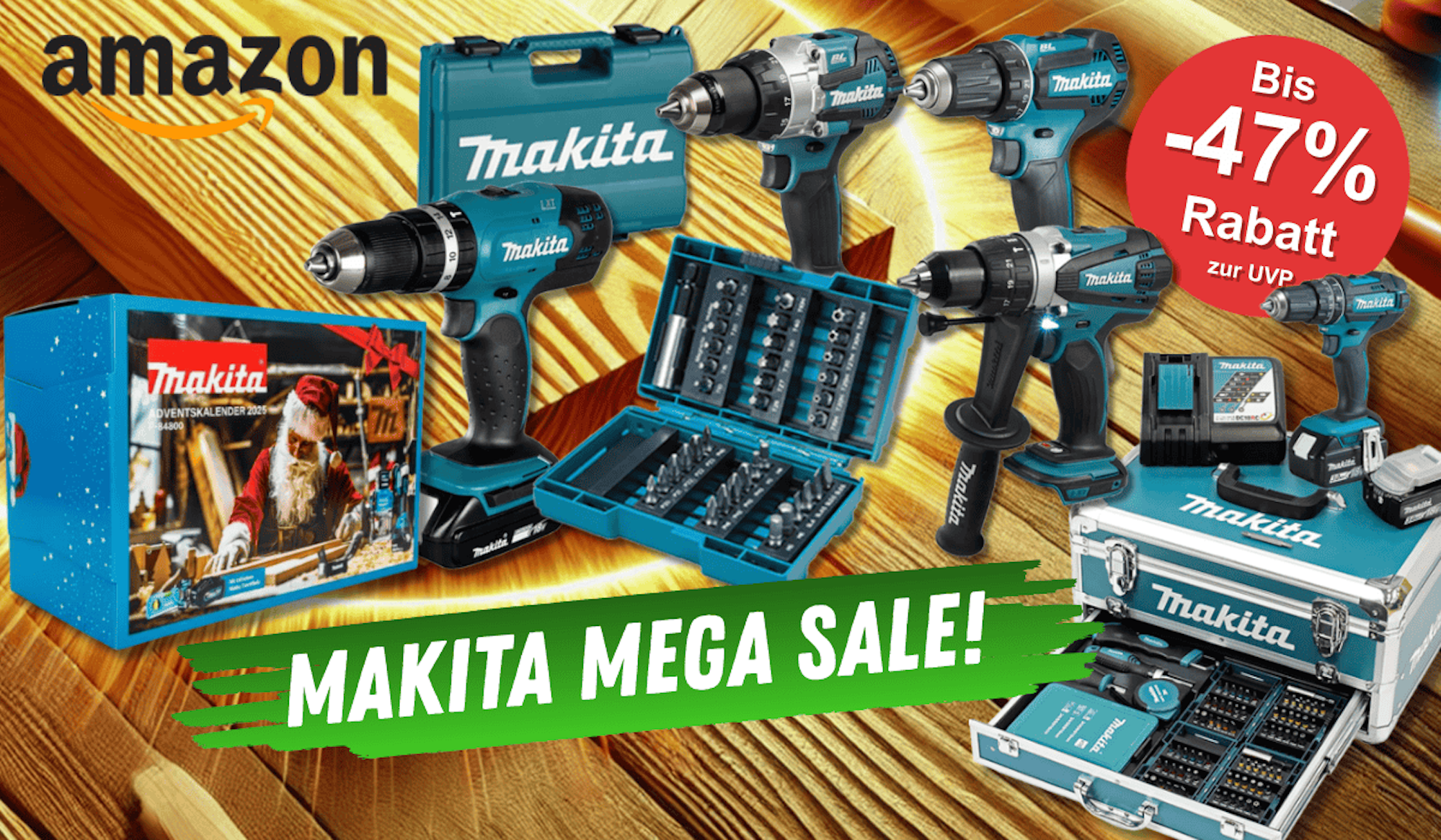 Makita Akku-Schlagbohrschrauber und Bohrschrauber mit Werkzeugkoffer und Zubehör vor einem Holzboden im Hintergrund.