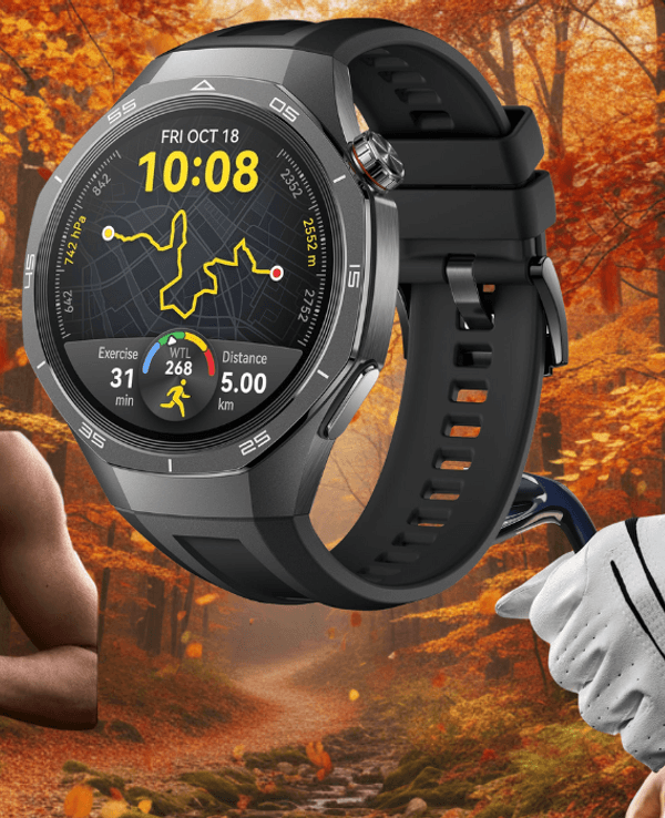 Die Huawei Smartwatch GT 5 im Fokus vor einem herbstlichen Hintergrund.