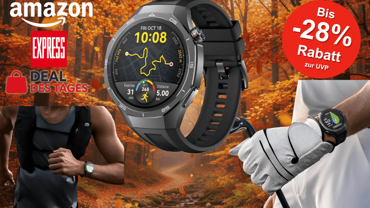 Die Huawei Smartwatch GT 5 im Fokus vor einem herbstlichen Hintergrund.
