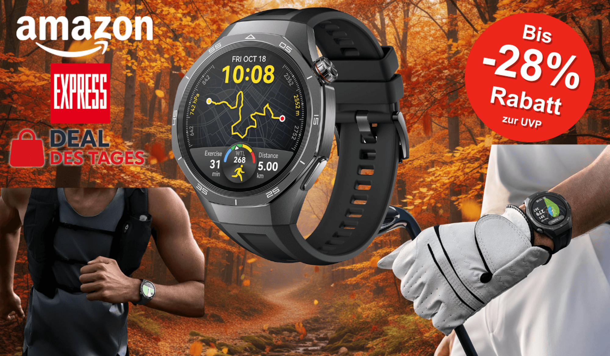 Die Huawei Smartwatch GT 5 im Fokus vor einem herbstlichen Hintergrund.