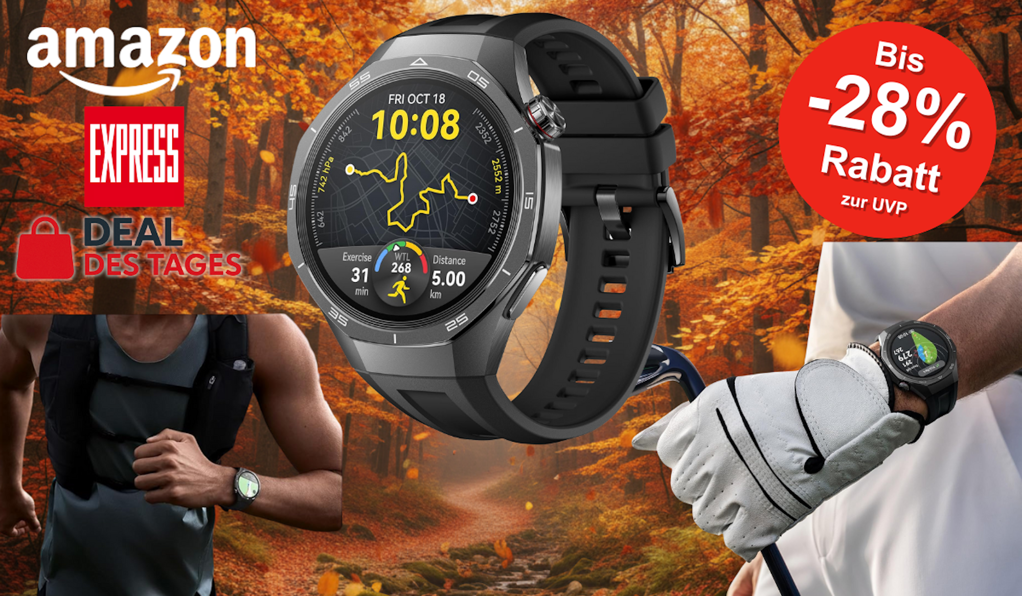 Die Huawei Smartwatch GT 5 im Fokus vor einem herbstlichen Hintergrund.
