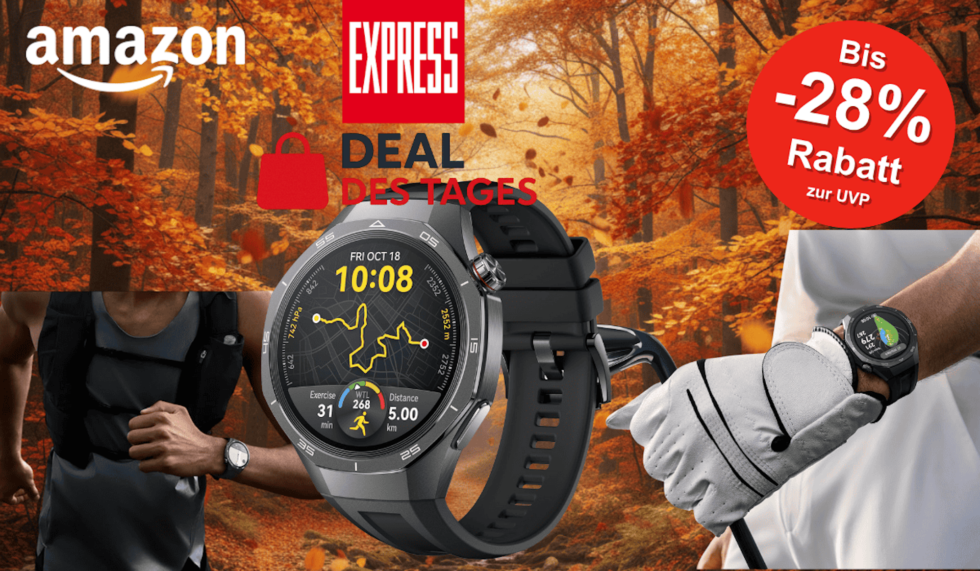 Die Huawei Smartwatch GT 5 im Fokus vor einem herbstlichen Hintergrund.