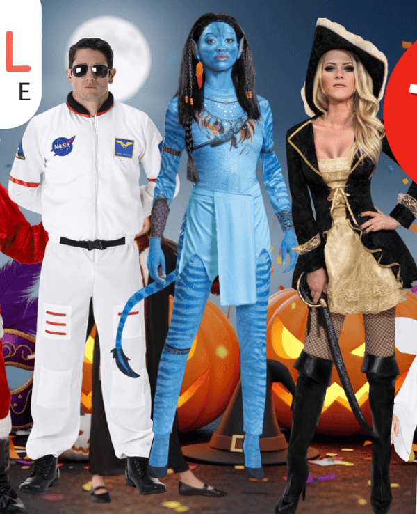 Bunte Collage mit beliebten Karnevals Kostümen 2025 vor festlicher Kulisse, darunter Superhelden, Zauberer, Grusel- und Comicfiguren, mit Karneval Megastore Logo und Hinweis auf bis zu 20% Rabatt.