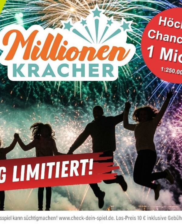Millionenkracher-Logo von WestLotto. Eine Familie hüpft vor einem Feuerwerk in der Nacht freudig in die Luft.