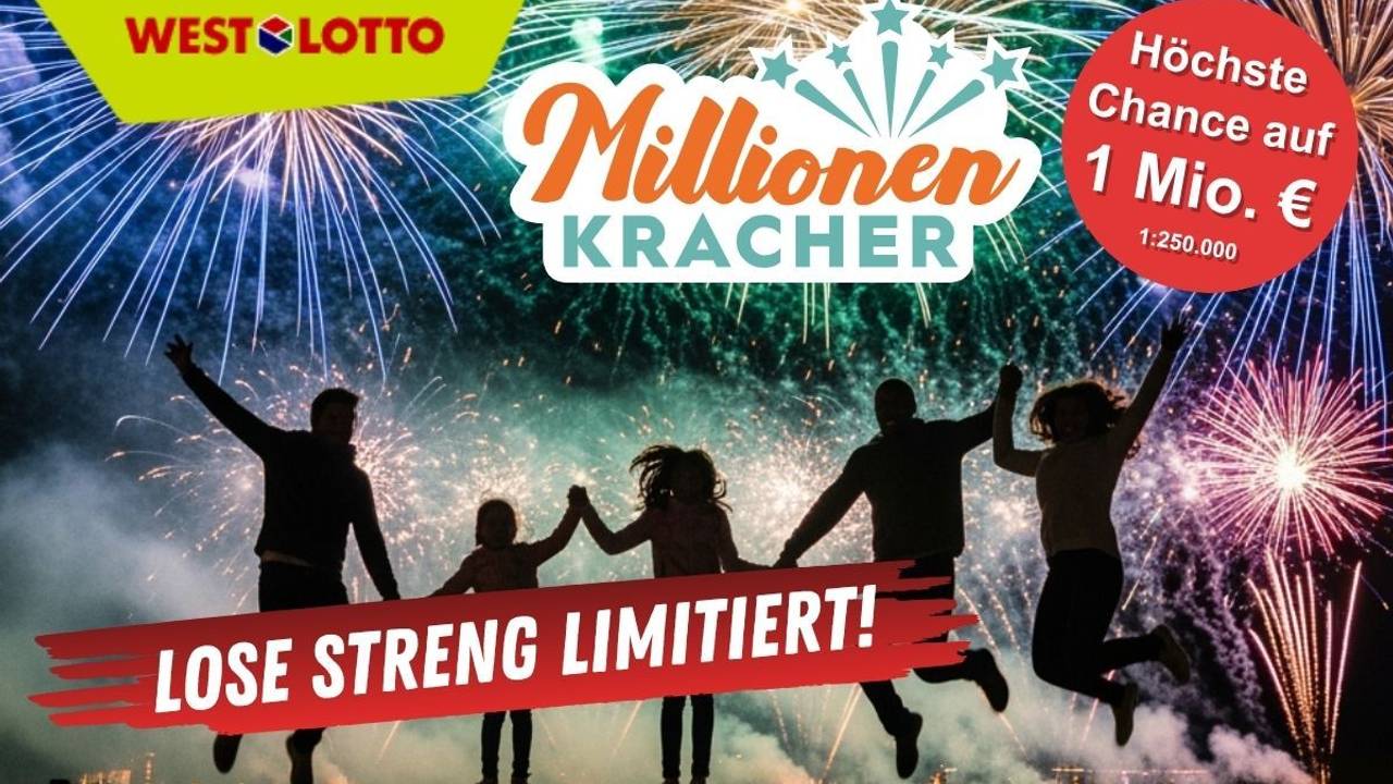 Millionenkracher-Logo von WestLotto. Eine Familie hüpft vor einem Feuerwerk in der Nacht freudig in die Luft.