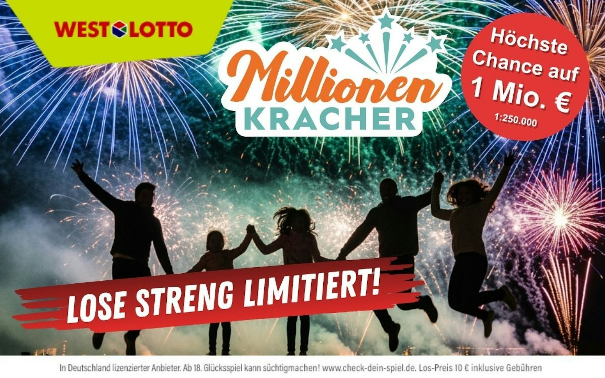 Millionenkracher-Logo von WestLotto. Eine Familie hüpft vor einem Feuerwerk in der Nacht freudig in die Luft.
