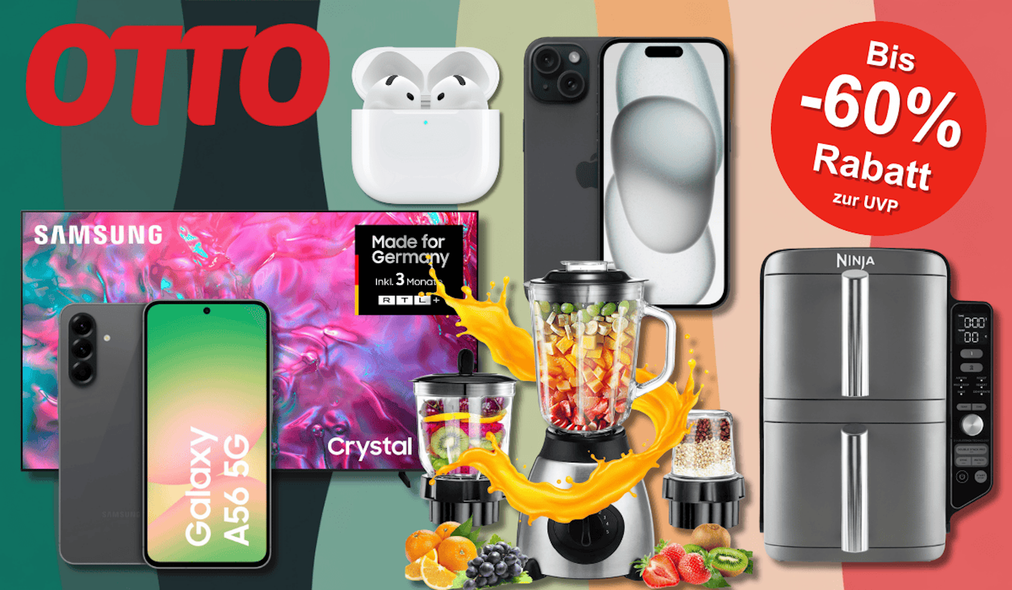 Samsung Smartphone und TV, iPhone, Ninja Foodi Airfryer, Apple Airpods vor buntem Hintergrund.