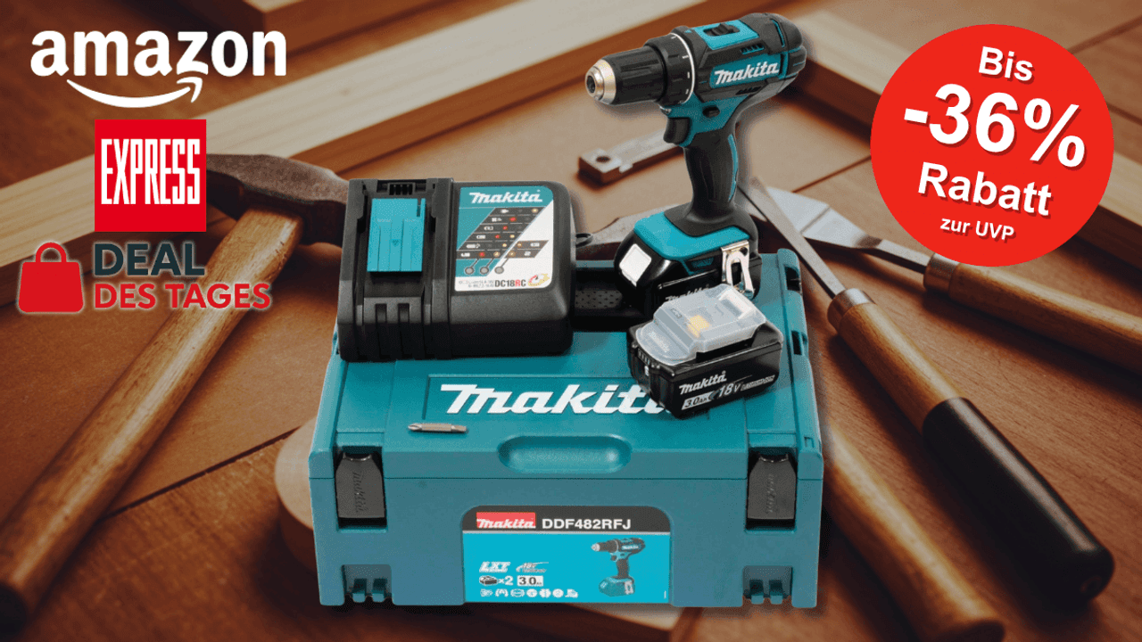 Das Makita Akku-Bohrschrauber-Set – inklusive Bohrer, Ladegerät, Akku und dem robusten MAKPAC-Koffer, präsentiert auf einer Werkbank mit verschiedenen Werkzeugen.
