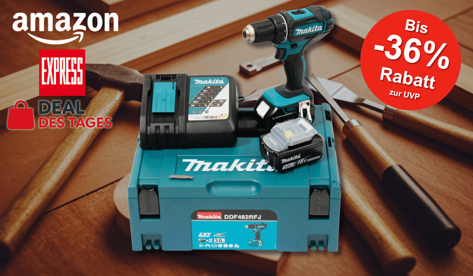 Das Makita Akku-Bohrschrauber-Set – inklusive Bohrer, Ladegerät, Akku und dem robusten MAKPAC-Koffer, präsentiert auf einer Werkbank mit verschiedenen Werkzeugen.