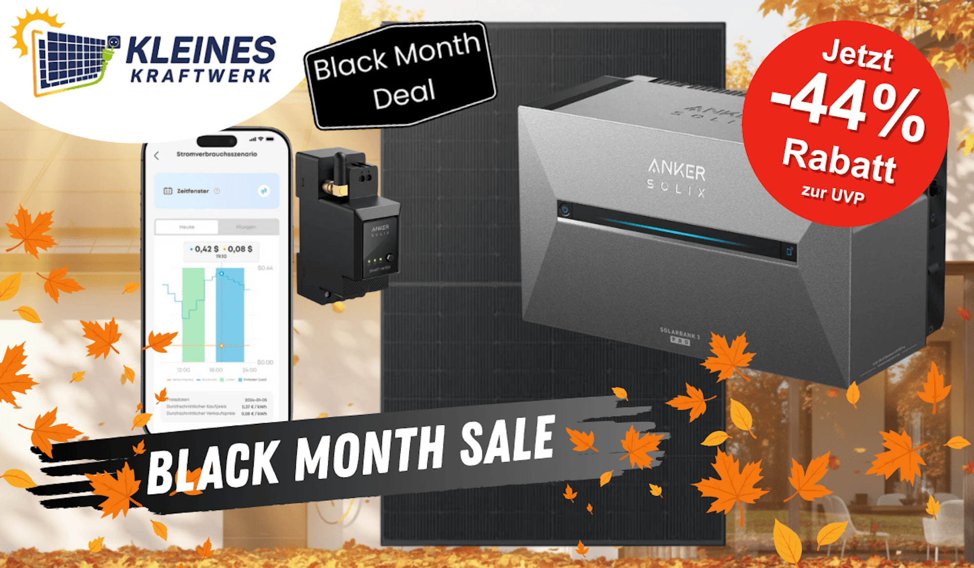 Darstellung eines Balkonkraftwerks von Kleines Kraftwerk mit Anker Solarbank.