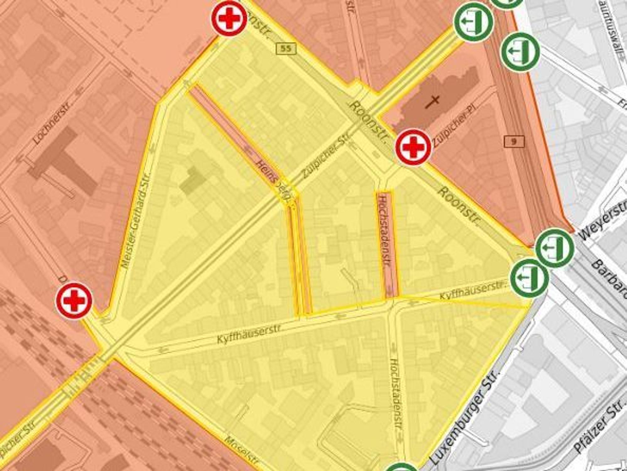 Eine Karte zeigt die Absperrungen am 11.11. im Zülpicher Viertel.