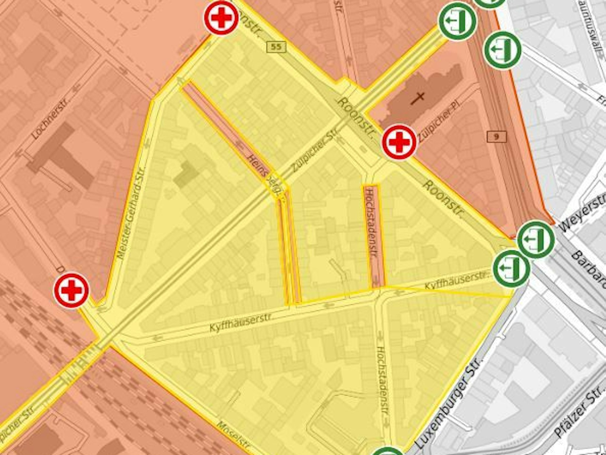 Eine Karte zeigt die Absperrungen am 11.11. im Zülpicher Viertel.