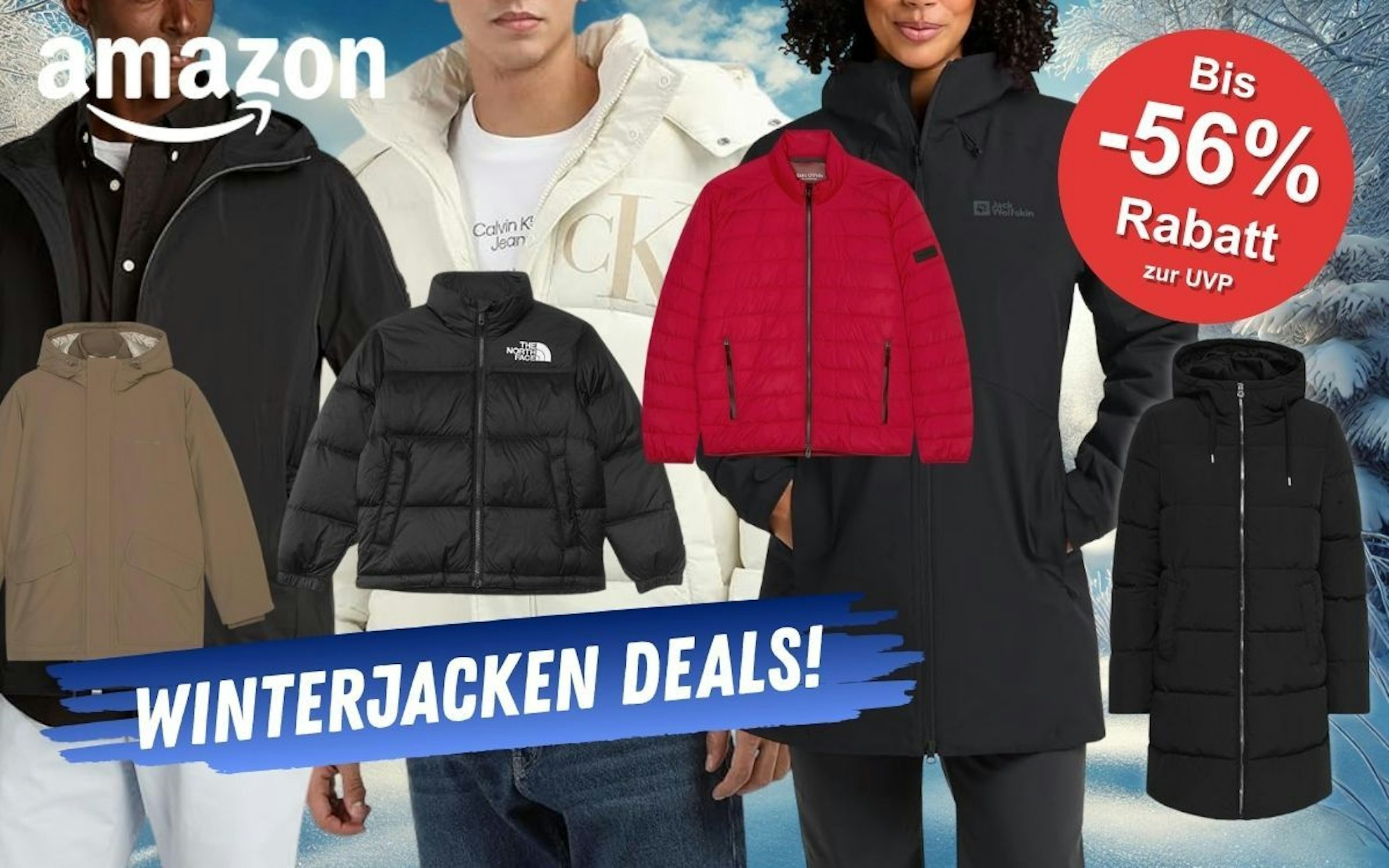Winterjacken von den Marken THE NORTH FACE, Calvin Klein, Columbia, Jack Wolfskin vor einem verschneiten Wald im Hintergrund.