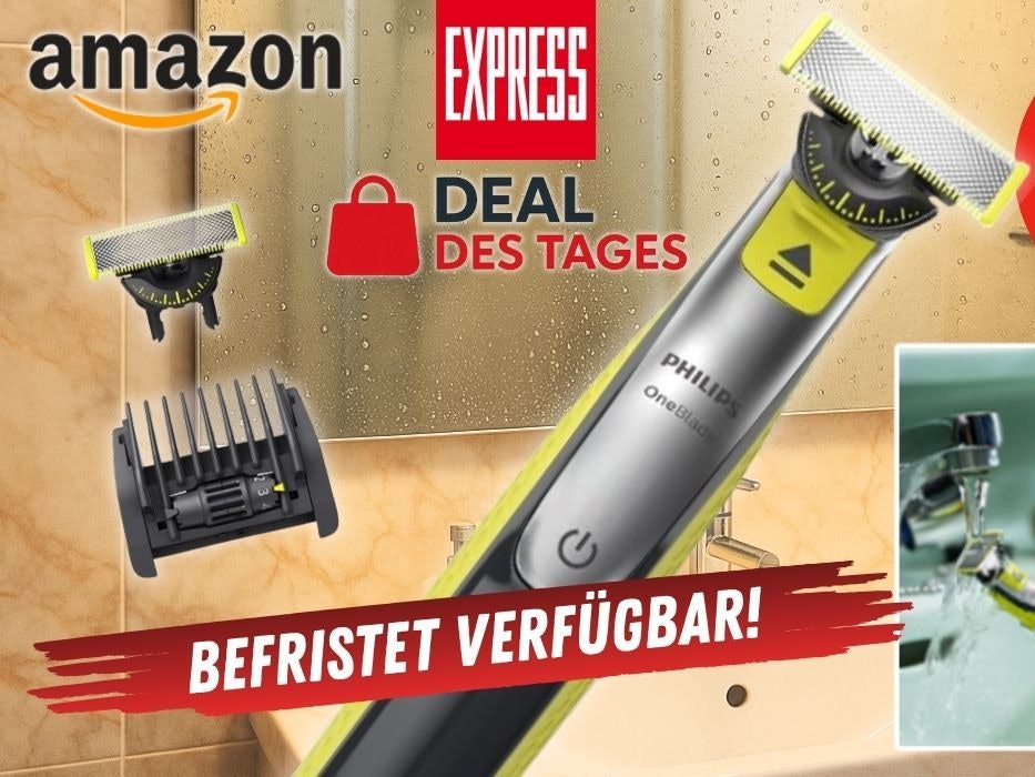 Philips OneBlade 360 Face elektrischer Rasierer & Trimmer in einem Badezimmer vorm Spiegel.