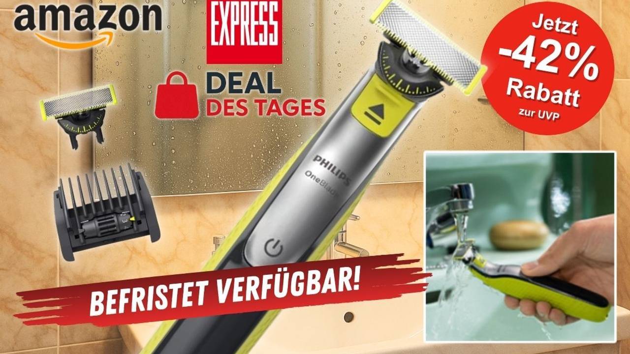 Philips OneBlade 360 Face elektrischer Rasierer & Trimmer in einem Badezimmer vorm Spiegel.
