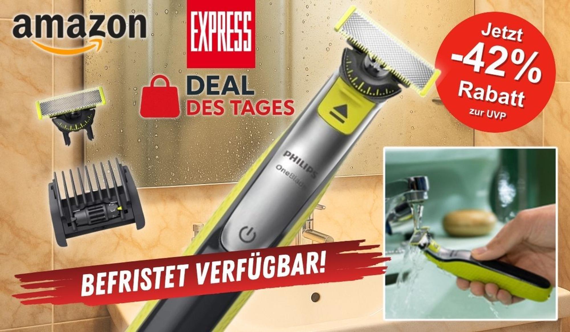 Philips OneBlade 360 Face elektrischer Rasierer & Trimmer in einem Badezimmer vorm Spiegel.