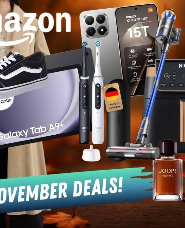 Produkte aus verschiedenen Kategorien wie Technik, Mode oder Haushalt. Makita Akkuschrauber, Le Creuset Topf, Vans Sneaker, Xiaomi 15T Smartphone, Samsung Galaxy Tab , Ninja Airfryer und mehr vor einem dunklen Herbstblätter Hintergrund.