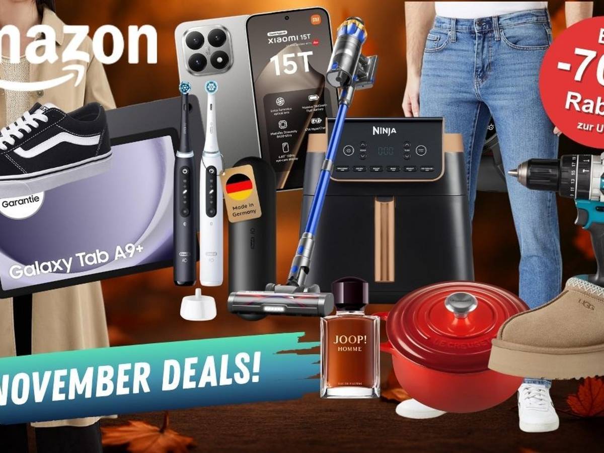Produkte aus verschiedenen Kategorien wie Technik, Mode oder Haushalt. Makita Akkuschrauber, Le Creuset Topf, Vans Sneaker, Xiaomi 15T Smartphone, Samsung Galaxy Tab , Ninja Airfryer und mehr vor einem dunklen Herbstblätter Hintergrund.