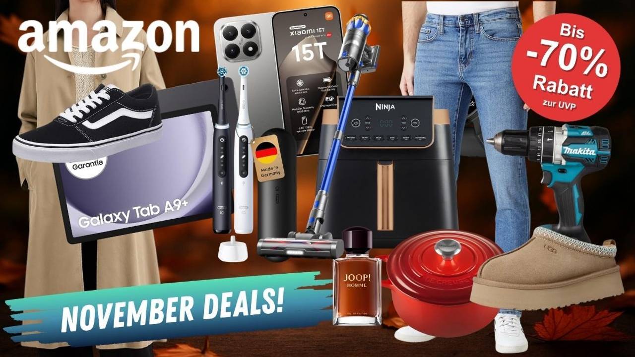 Produkte aus verschiedenen Kategorien wie Technik, Mode oder Haushalt. Makita Akkuschrauber, Le Creuset Topf, Vans Sneaker, Xiaomi 15T Smartphone, Samsung Galaxy Tab , Ninja Airfryer und mehr vor einem dunklen Herbstblätter Hintergrund.