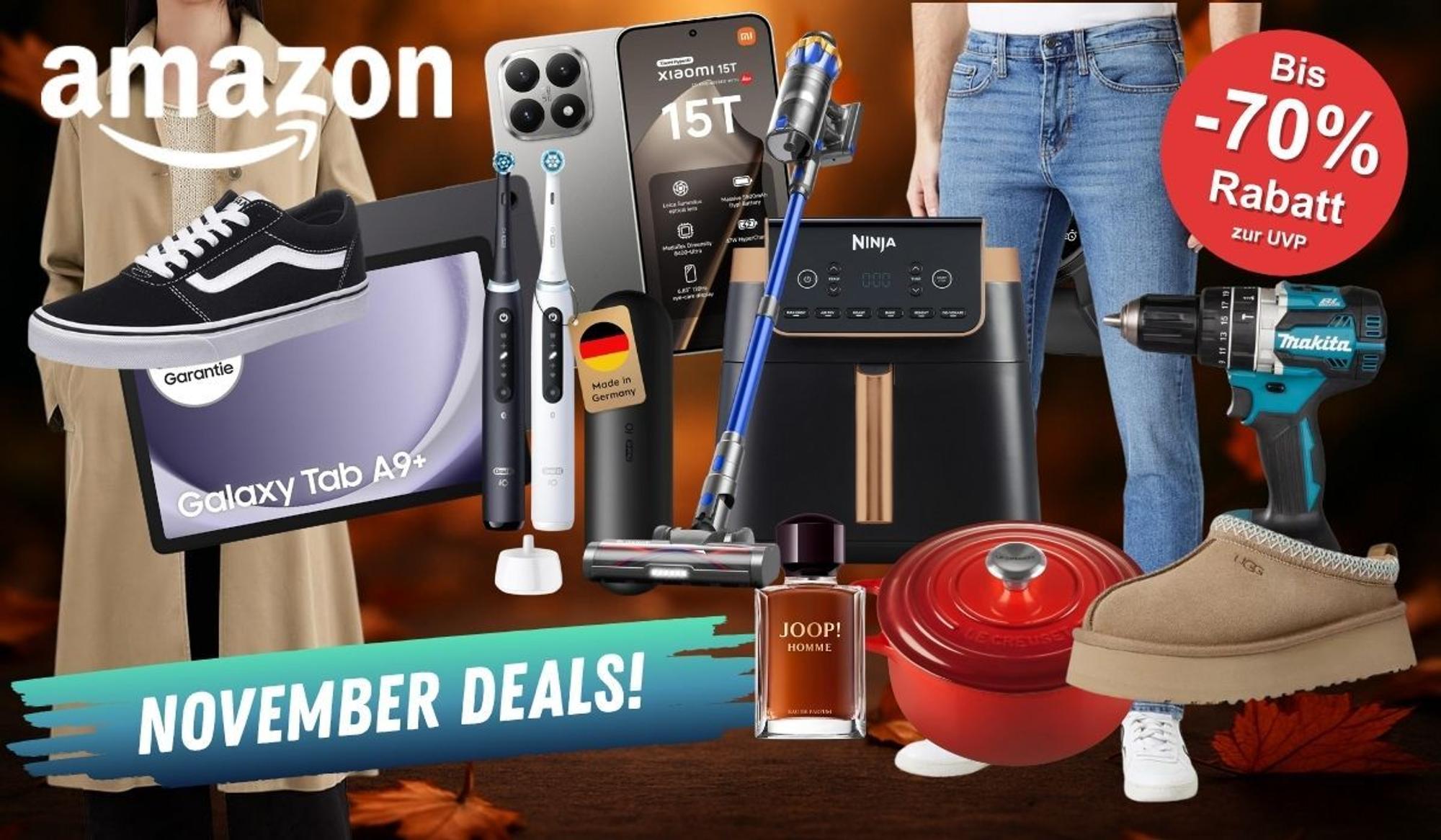 Produkte aus verschiedenen Kategorien wie Technik, Mode oder Haushalt. Makita Akkuschrauber, Le Creuset Topf, Vans Sneaker, Xiaomi 15T Smartphone, Samsung Galaxy Tab , Ninja Airfryer und mehr vor einem dunklen Herbstblätter Hintergrund.
