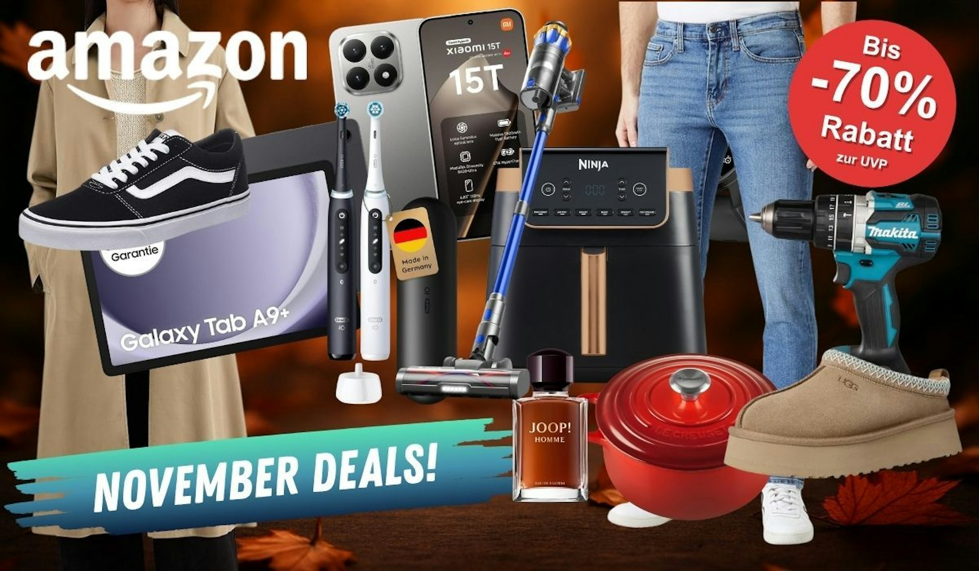 Produkte aus verschiedenen Kategorien wie Technik, Mode oder Haushalt. Makita Akkuschrauber, Le Creuset Topf, Vans Sneaker, Xiaomi 15T Smartphone, Samsung Galaxy Tab , Ninja Airfryer und mehr vor einem dunklen Herbstblätter Hintergrund.