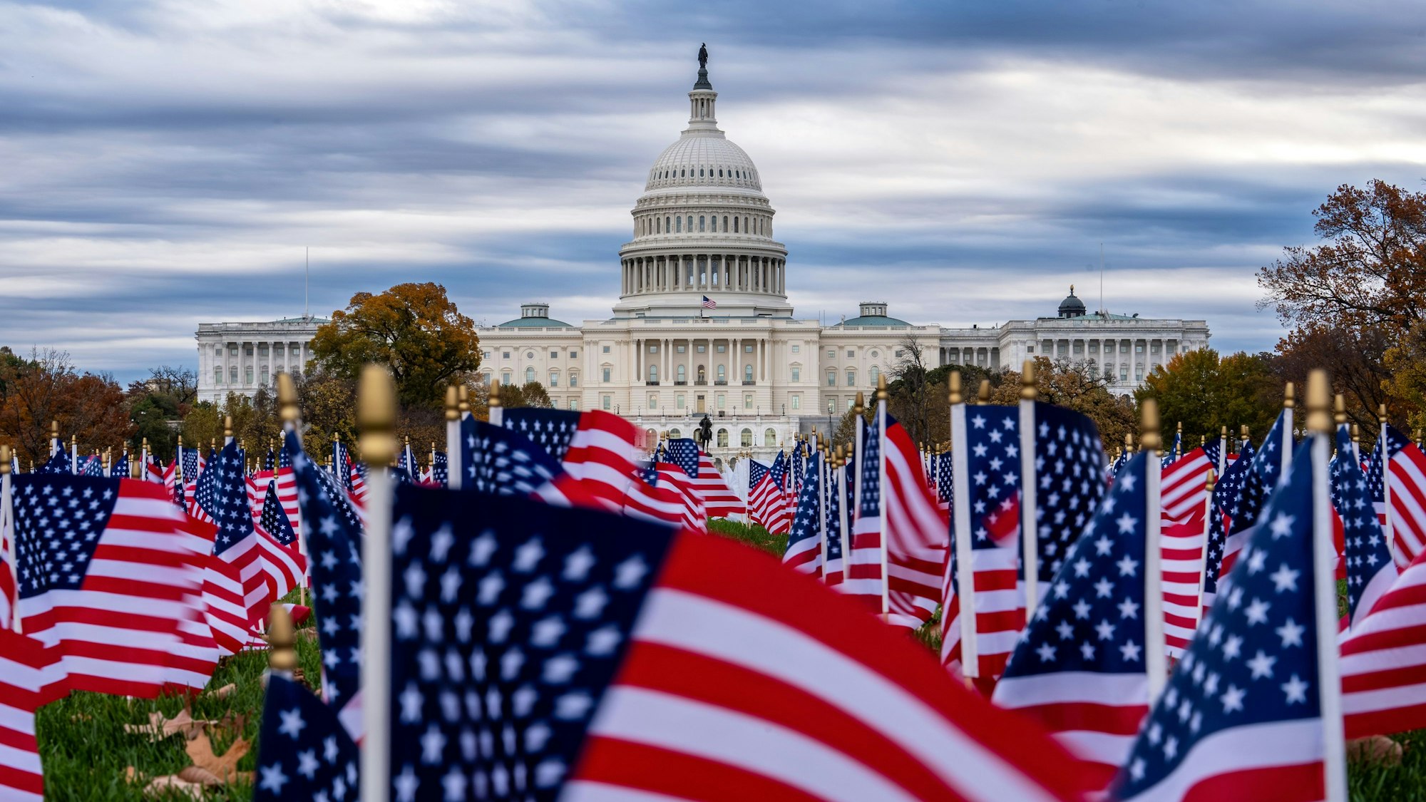 US-amerikanische Miniaturflaggen flattern im Wind in der National Mall in der Nähe des Kapitols in Washington.