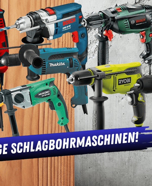 Handliche und leichte Schlagbohrmaschinen von Bosch Home and Garden, Bosch Professional, Makita, Einhell, DeWalt, Ryobi, Hikoki, Black + Decker vor eine Holz und Beton Hintergrund.