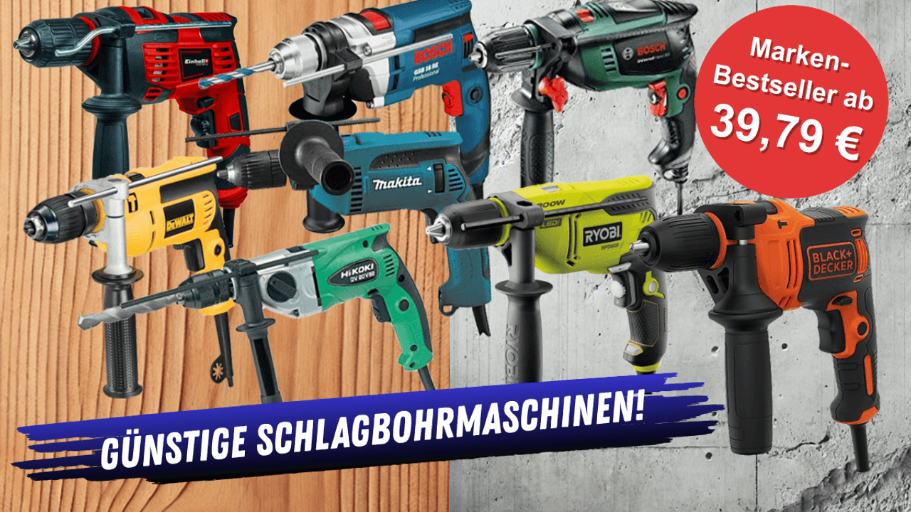 Handliche und leichte Schlagbohrmaschinen von Bosch Home and Garden, Bosch Professional, Makita, Einhell, DeWalt, Ryobi, Hikoki, Black + Decker vor eine Holz und Beton Hintergrund.