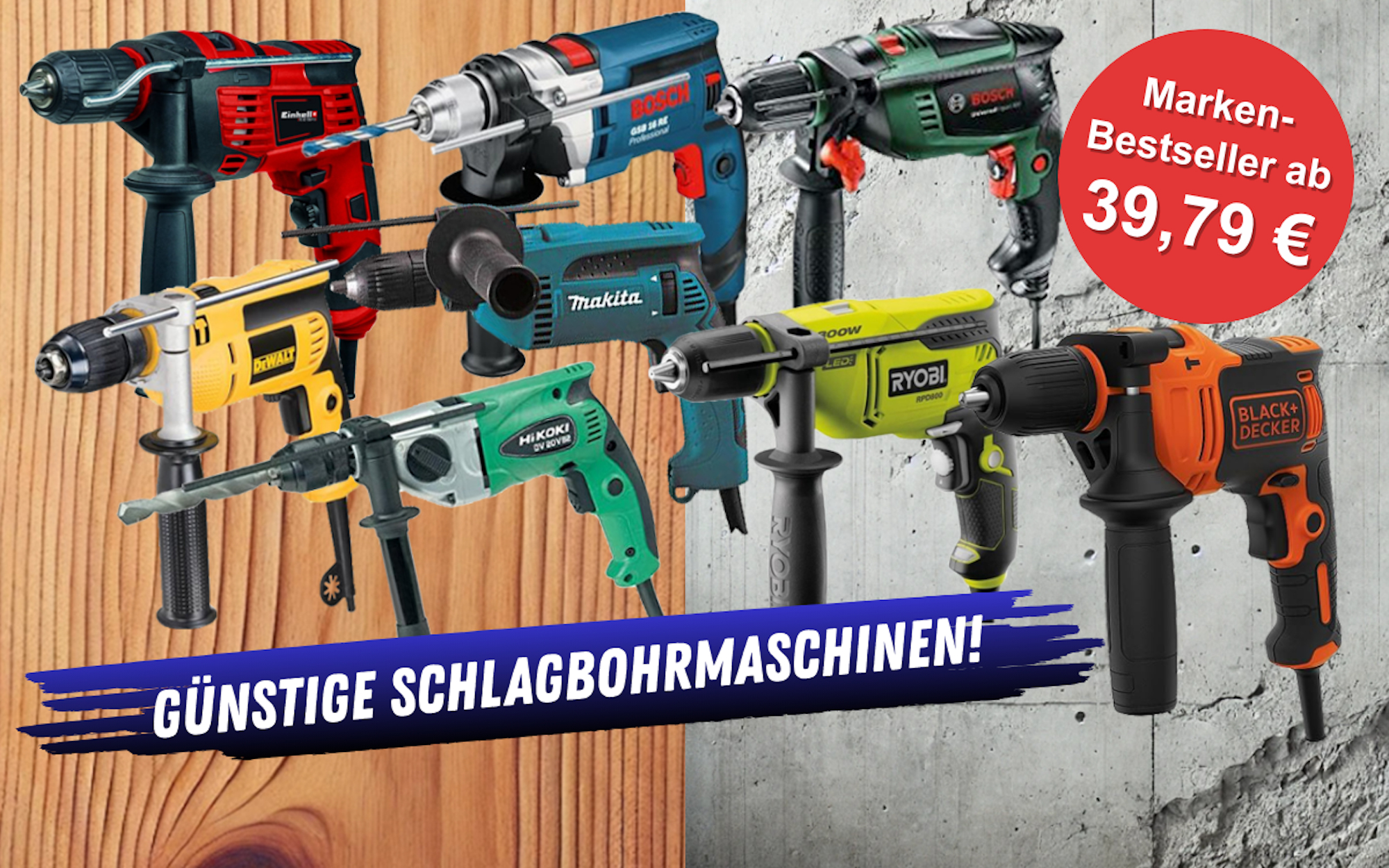 Handliche und leichte Schlagbohrmaschinen von Bosch Home and Garden, Bosch Professional, Makita, Einhell, DeWalt, Ryobi, Hikoki, Black + Decker vor eine Holz und Beton Hintergrund.