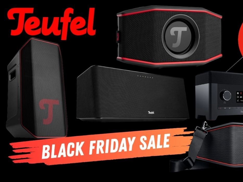 Teufel Lautsprecher, Boxen und Kopfhörer vor schwarzem Hintergrund